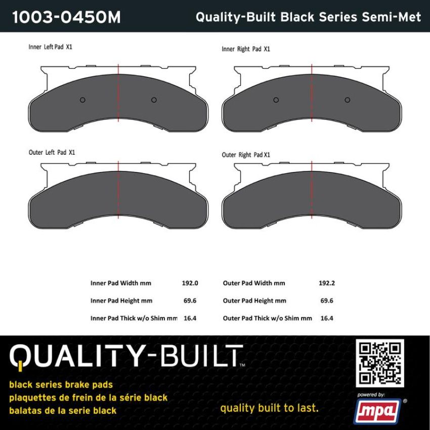MPA 1003-0450M Quality-Built Black Series Semi-Metallic Brake Pads w/ Hardware
