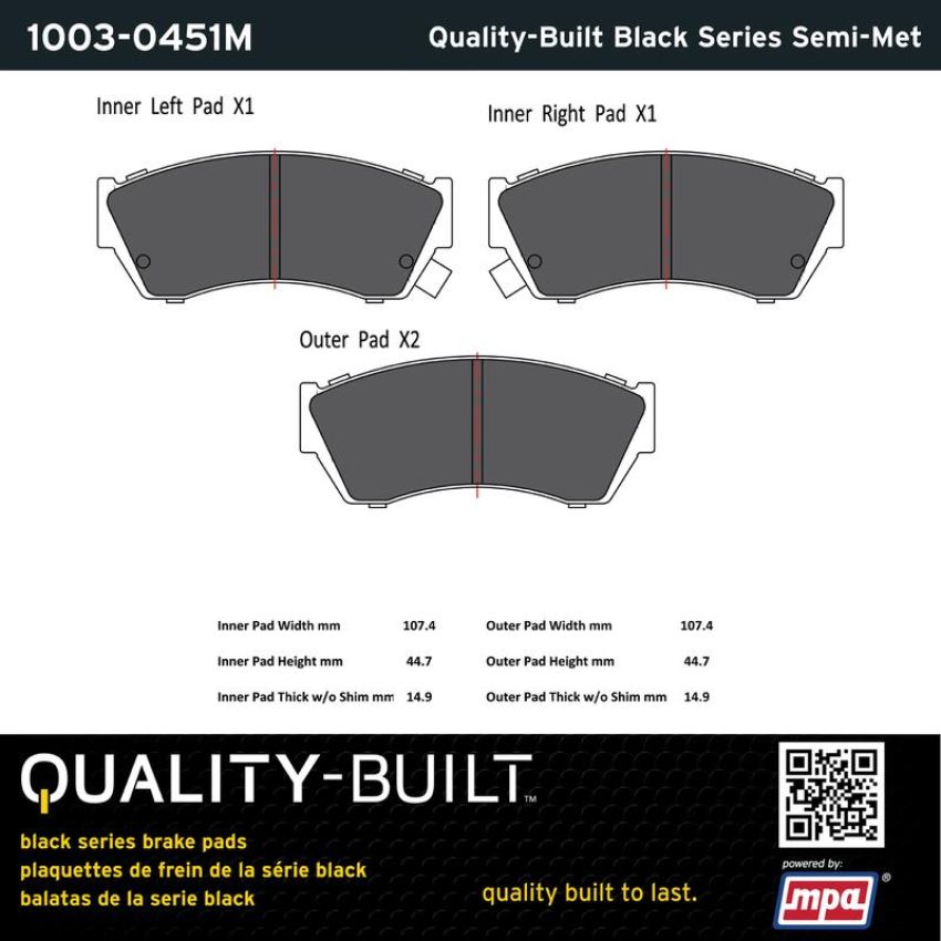 MPA 1003-0451M Quality-Built Black Series Semi-Metallic Brake Pads w/ Hardware