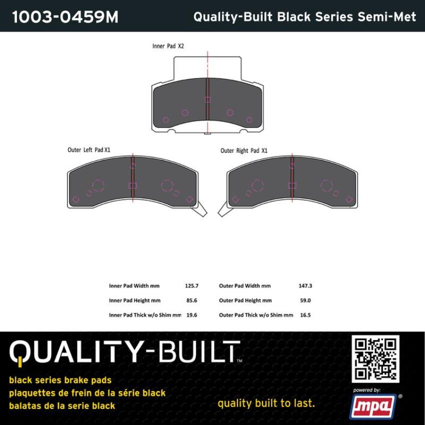 MPA 1003-0459M Quality-Built Black Series Semi-Metallic Brake Pads w/ Hardware