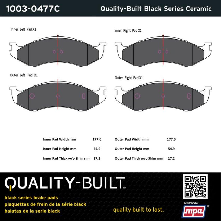 MPA 1003-0477C Quality-Built Black Series Ceramic Brake Pads w/ Hardware