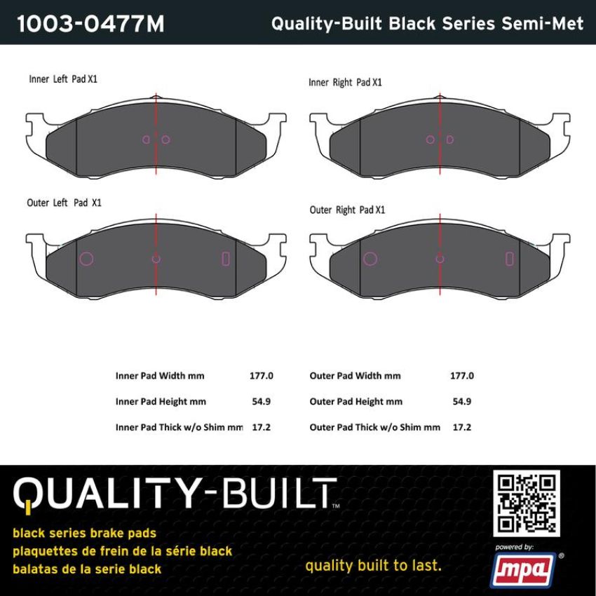 MPA 1003-0477M Quality-Built Black Series Semi-Metallic Brake Pads