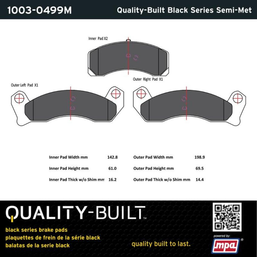 MPA 1003-0499M Quality-Built Black Series Semi-Metallic Brake Pads w/ Hardware