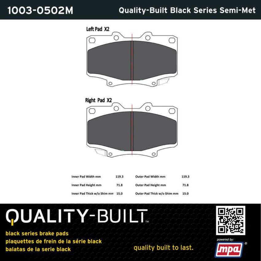 MPA 1003-0502M Quality-Built Black Series Semi-Metallic Brake Pads w/ Hardware
