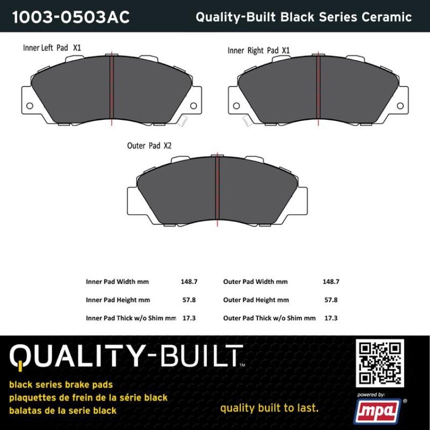 MPA 1003-0503AC Quality-Built Black Series Ceramic Brake Pads w/ Hardware