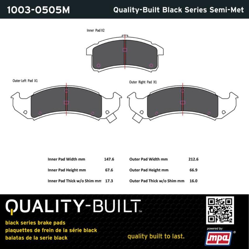 MPA 1003-0505M Quality-Built Black Series Semi-Metallic Brake Pads w/ Hardware