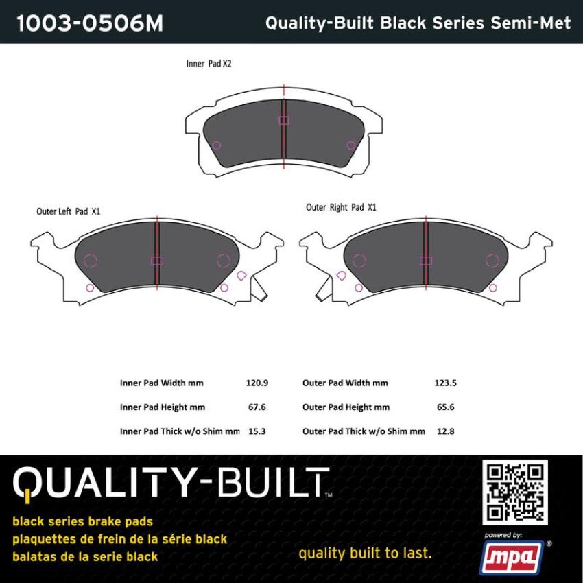 MPA 1003-0506M Quality-Built Black Series Semi-Metallic Brake Pads w/ Hardware