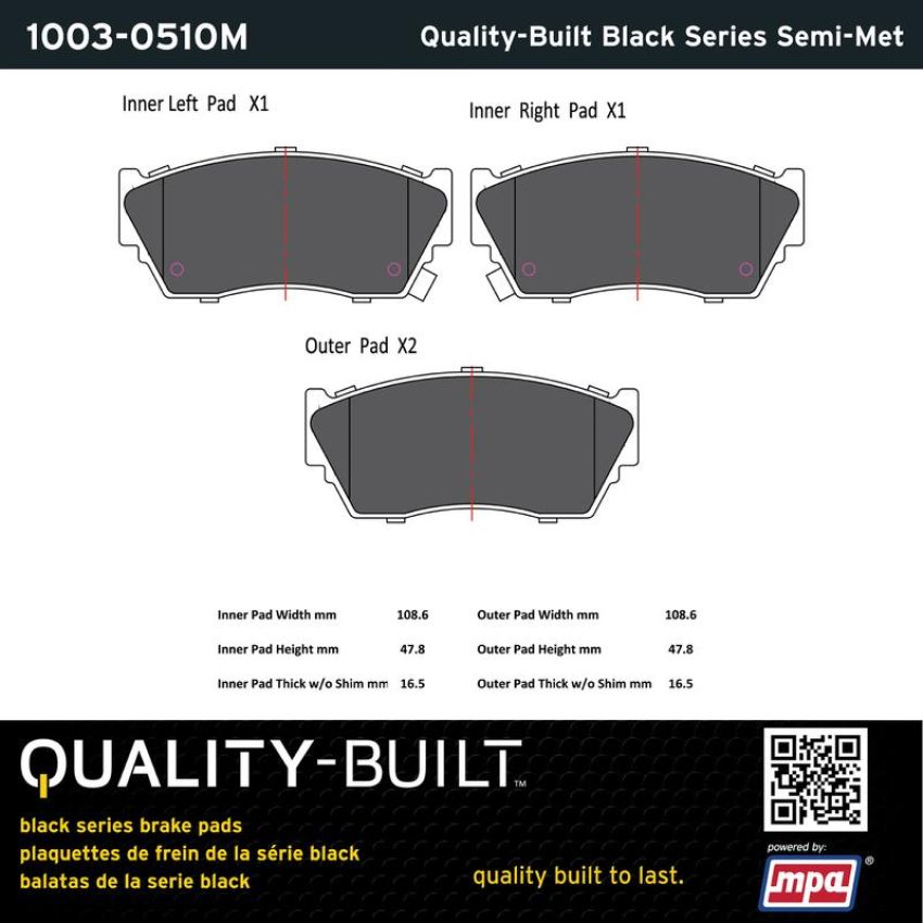 MPA 1003-0510M Quality-Built Black Series Semi-Metallic Brake Pads w/ Hardware