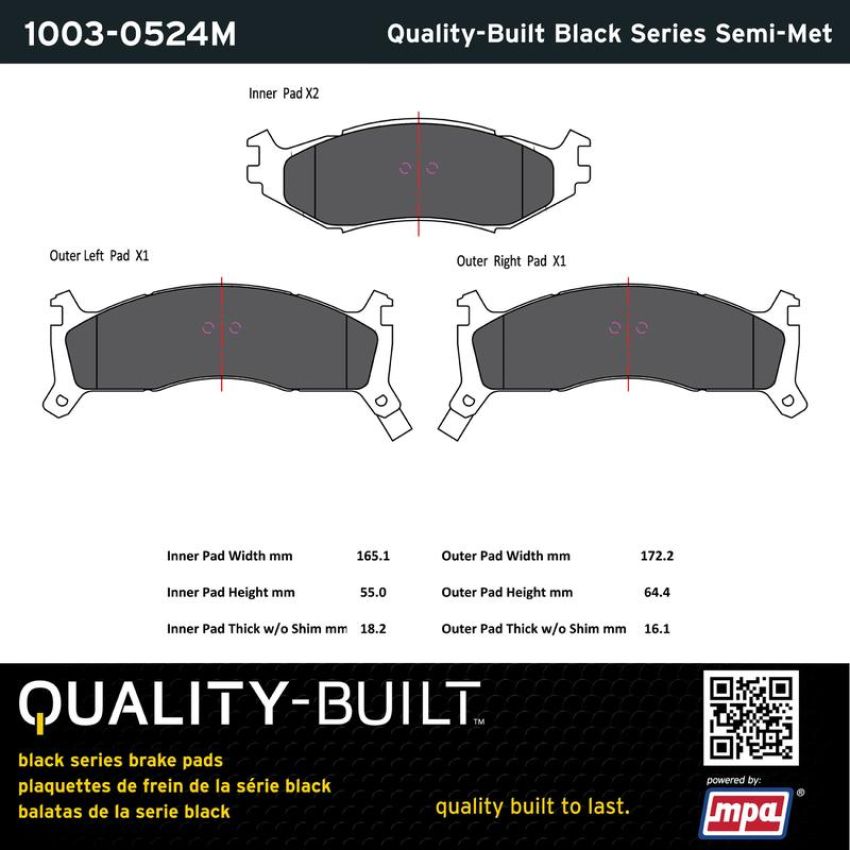 MPA 1003-0524M Quality-Built Black Series Semi-Metallic Brake Pads w/ Hardware
