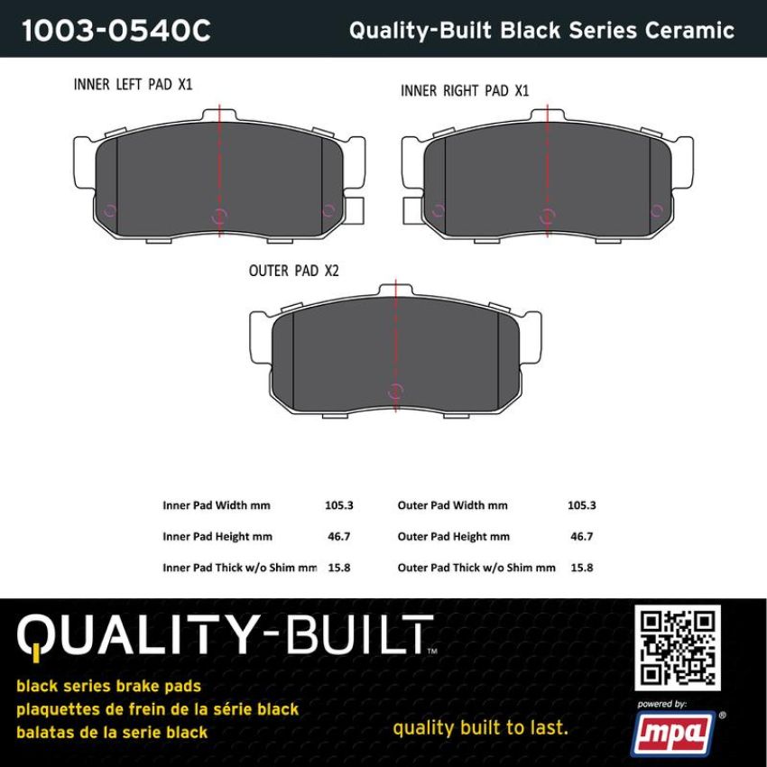 MPA 1003-0540C Quality-Built Black Series Ceramic Brake Pads w/ Hardware