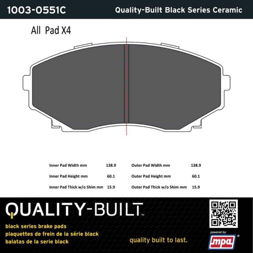 MPA 1003-0551C Quality-Built Black Series Ceramic Brake Pads w/ Hardware