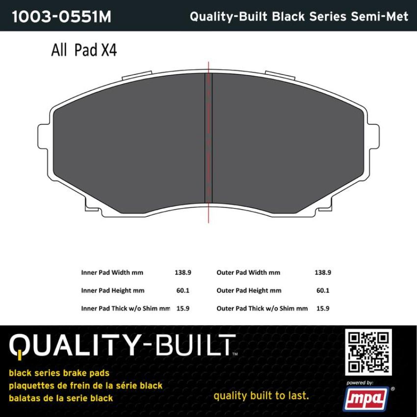 MPA 1003-0551M Quality-Built Black Series Semi-Metallic Brake Pads w/ Hardware