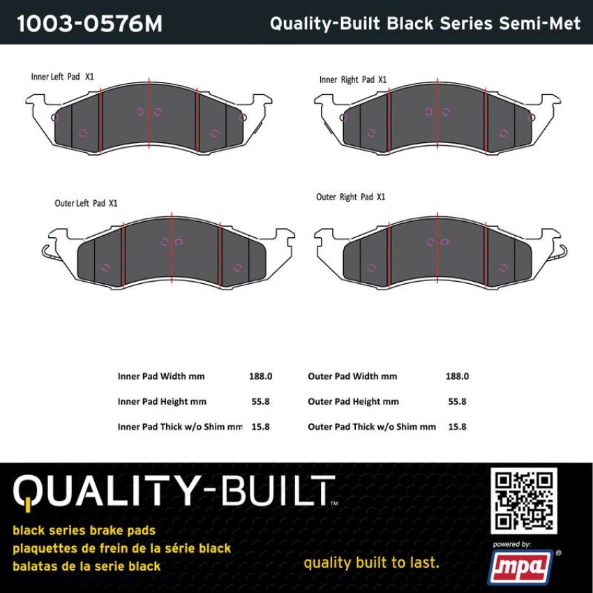 MPA 1003-0576M Quality-Built Black Series Semi-Metallic Brake Pads w/ Hardware