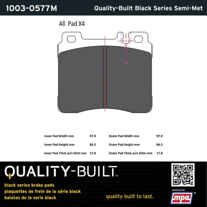 MPA 1003-0577M Quality-Built Black Series Semi-Metallic Brake Pads w/ Hardware