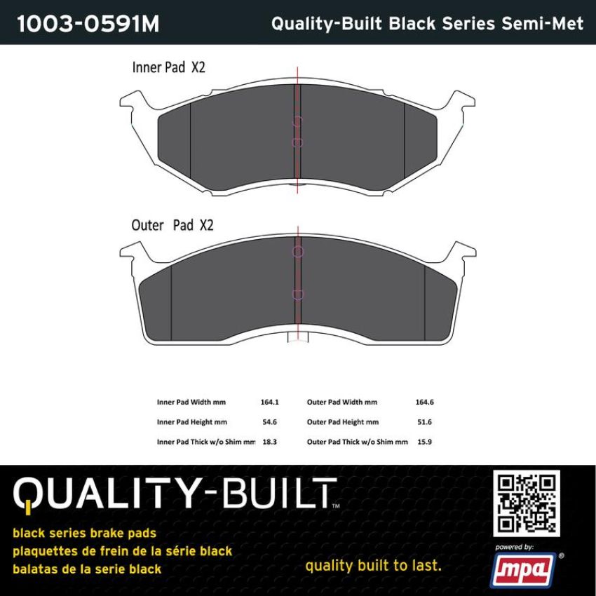 MPA 1003-0591M Quality-Built Black Series Semi-Metallic Brake Pads w/ Hardware