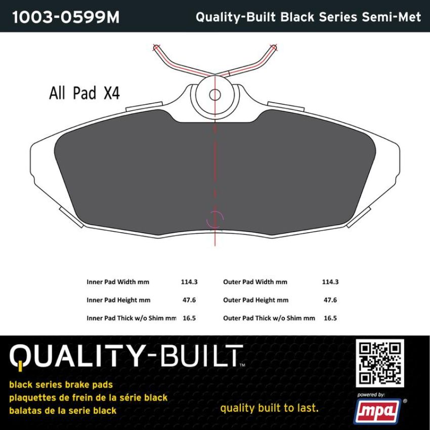 MPA 1003-0599M Quality-Built Black Series Semi-Metallic Brake Pads w/ Hardware
