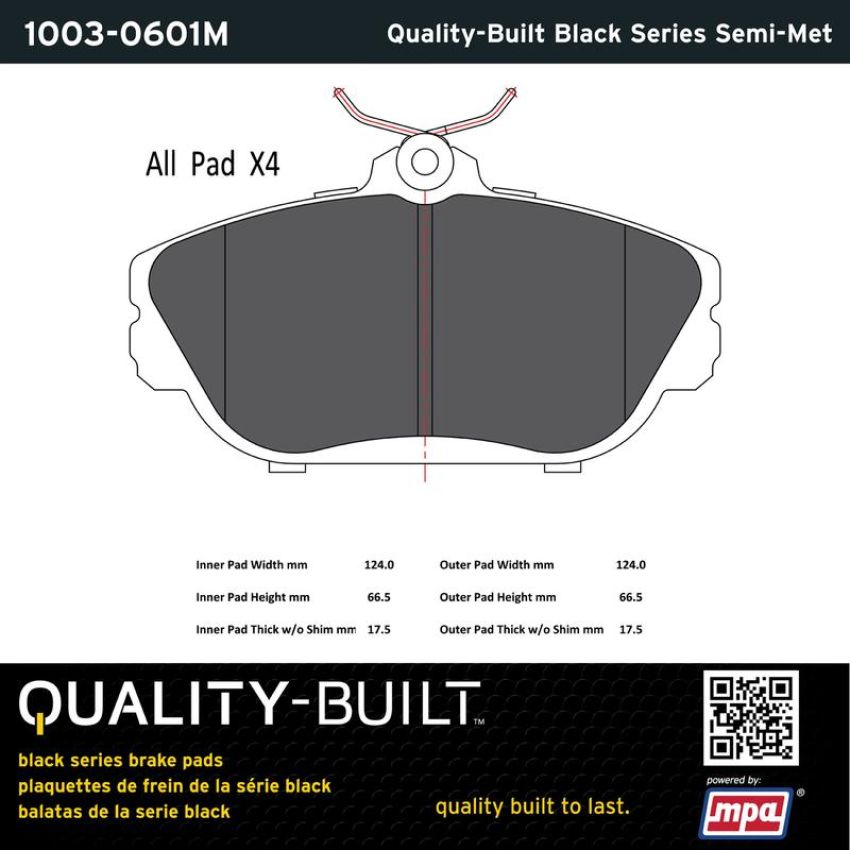 MPA 1003-0601M Quality-Built Black Series Semi-Metallic Brake Pads w/ Hardware