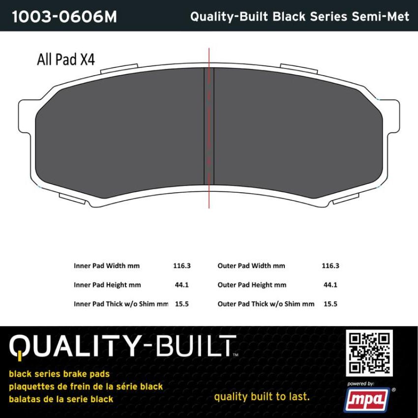 MPA 1003-0606M Quality-Built Black Series Semi-Metallic Brake Pads w/ Hardware