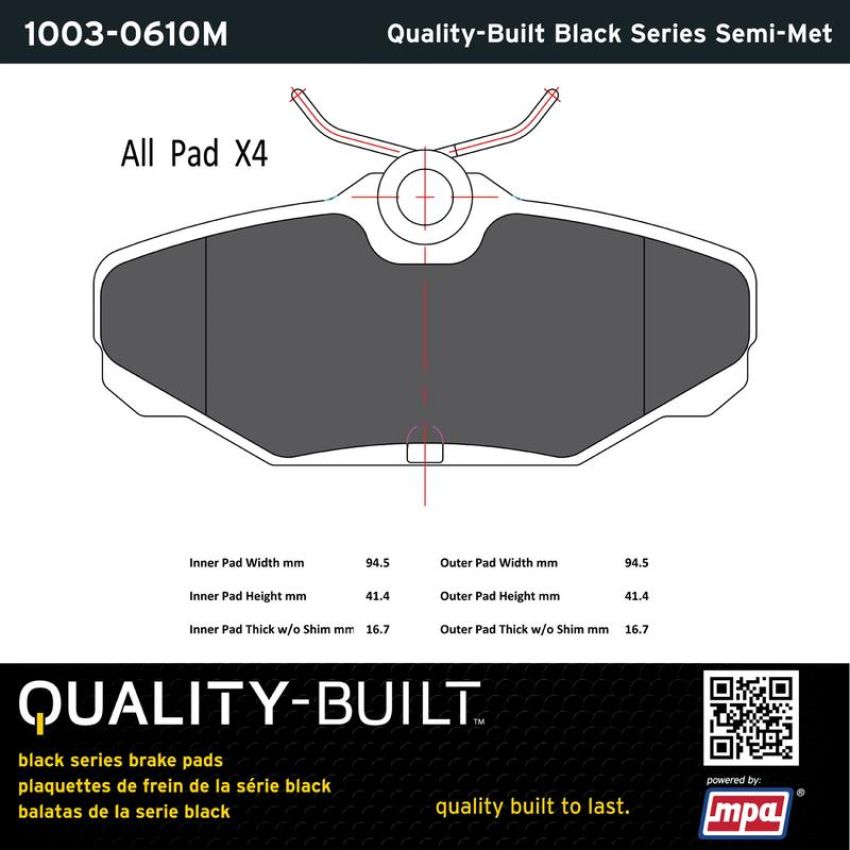 MPA 1003-0610M Quality-Built Black Series Semi-Metallic Brake Pads w/ Hardware