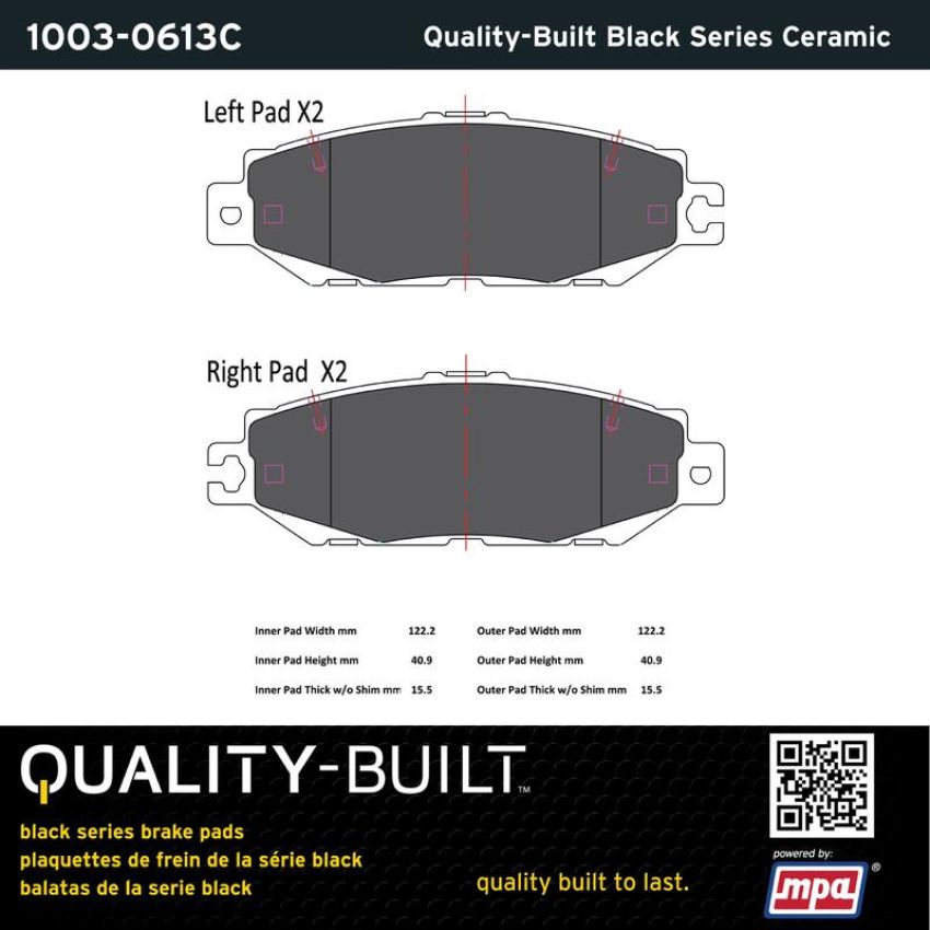 MPA 1003-0613C Quality-Built Black Series Ceramic Brake Pads w/ Hardware