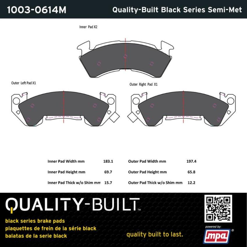 MPA 1003-0614M Quality-Built Black Series Semi-Metallic Brake Pads w/ Hardware