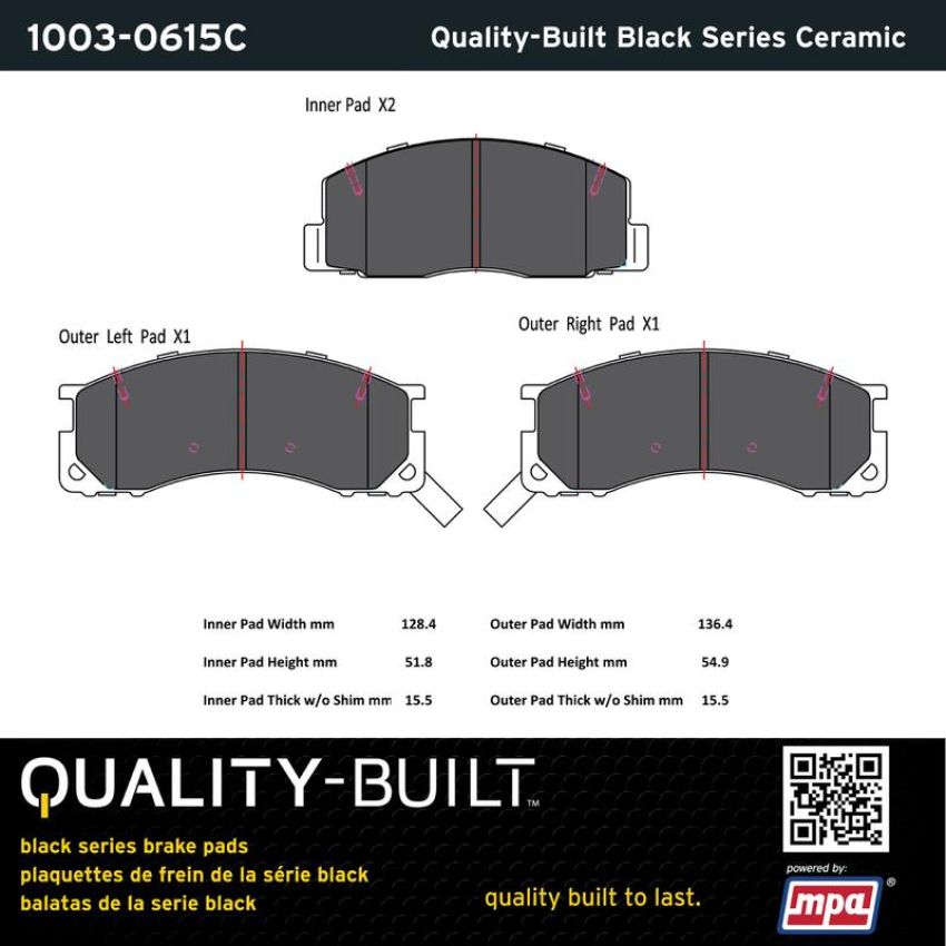 MPA 1003-0615C Quality-Built Black Series Ceramic Brake Pads w/ Hardware