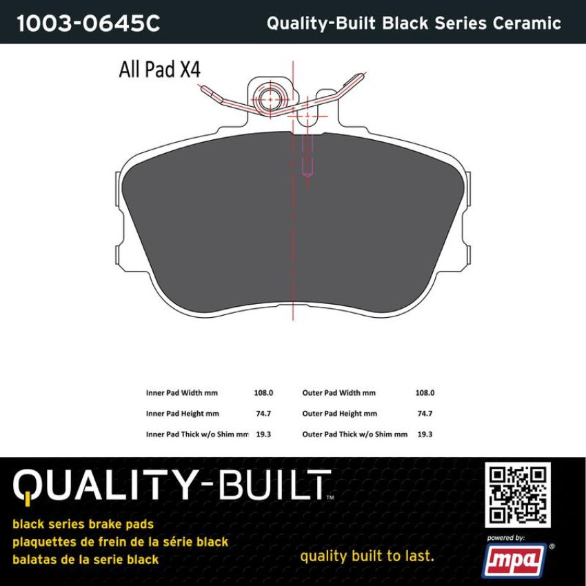 MPA 1003-0645C Quality-Built Black Series Ceramic Brake Pads w/ Hardware