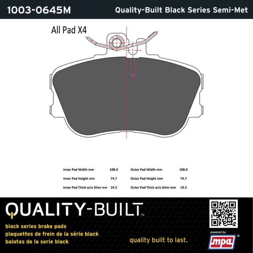 MPA 1003-0645M Quality-Built Black Series Semi-Metallic Brake Pads w/ Hardware