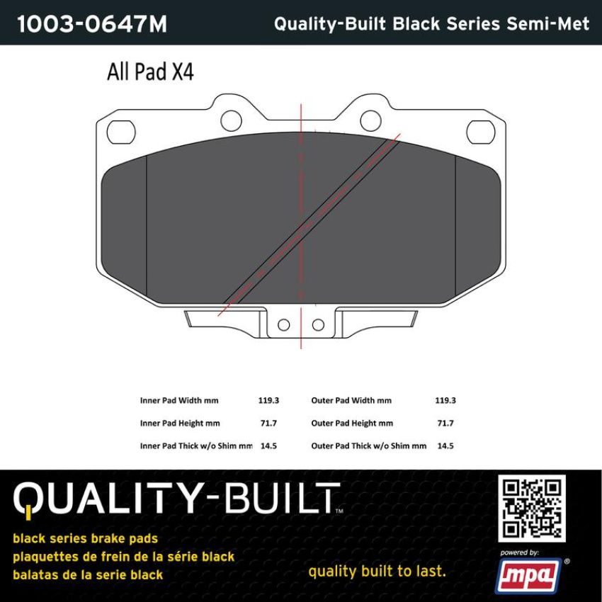 MPA 1003-0647M Quality-Built Black Series Semi-Metallic Brake Pads w/ Hardware