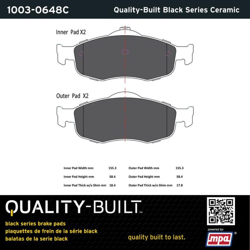 MPA 1003-0648C Quality-Built Black Series Ceramic Brake Pads w/ Hardware