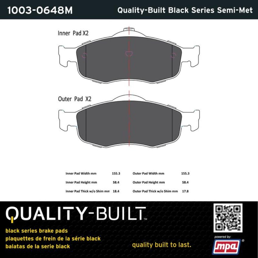 MPA 1003-0648M Quality-Built Black Series Semi-Metallic Brake Pads w/ Hardware