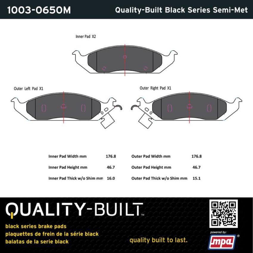 MPA 1003-0650M Quality-Built Black Series Semi-Metallic Brake Pads w/ Hardware