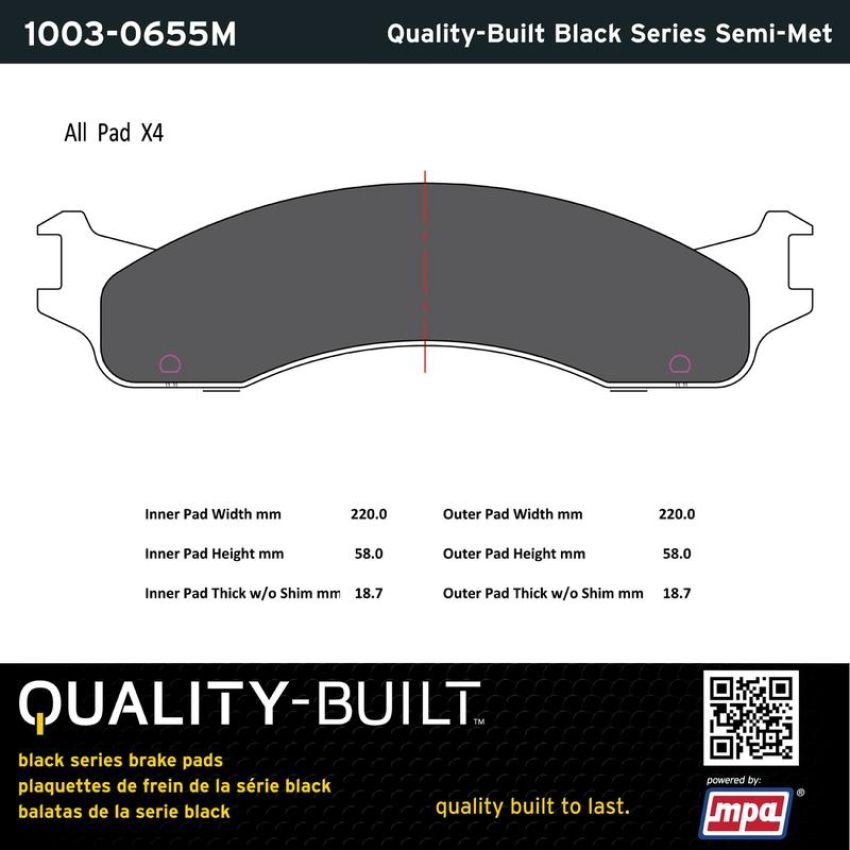 MPA 1003-0655M Quality-Built Black Series Semi-Metallic Brake Pads w/ Hardware