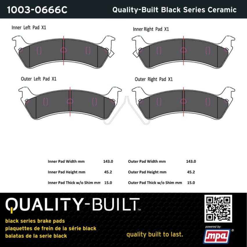 MPA 1003-0666C Quality-Built Black Series Ceramic Brake Pads w/ Hardware