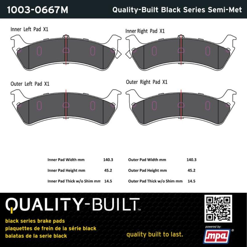 MPA 1003-0667M Quality-Built Black Series Semi-Metallic Brake Pads w/ Hardware