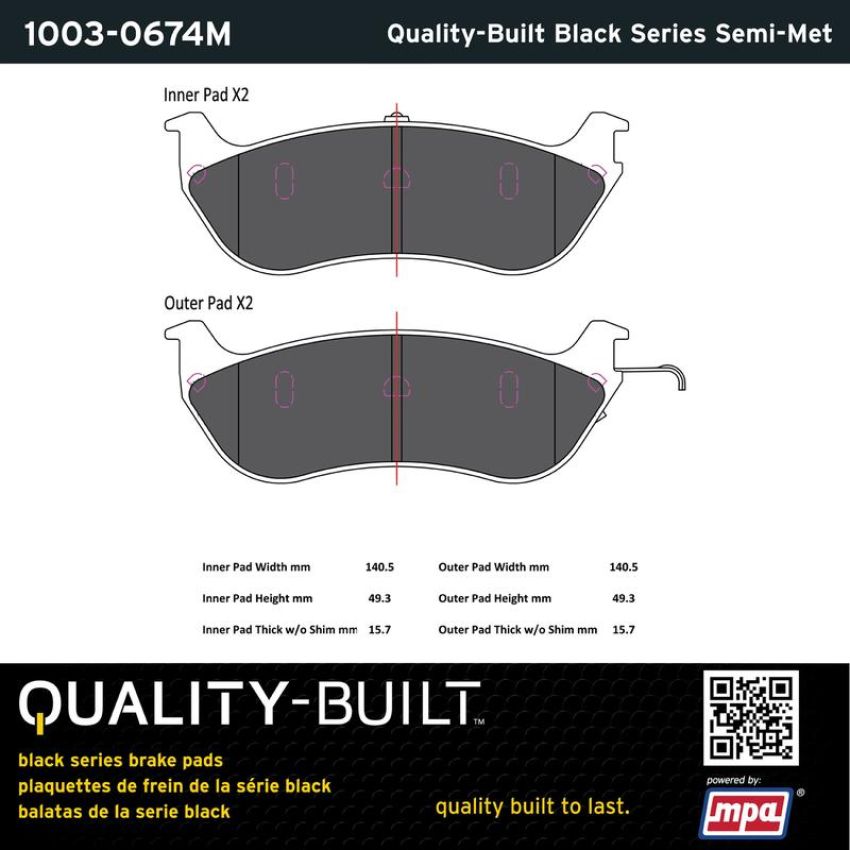 MPA 1003-0674M Quality-Built Black Series Semi-Metallic Brake Pads w/ Hardware