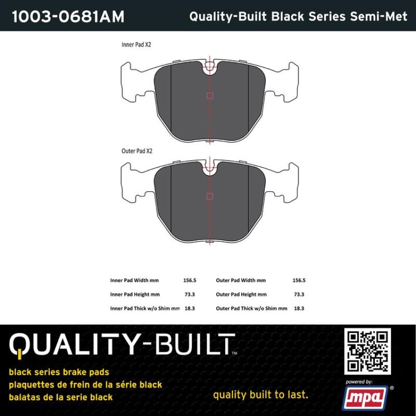 MPA 1003-0681AM Quality-Built Black Series Semi-Metallic Brake Pads w/ Hardware