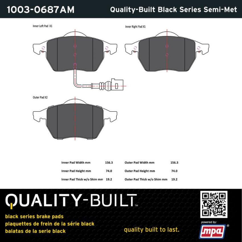 MPA 1003-0687AM Quality-Built Black Series Semi-Metallic Brake Pads w/ Hardware