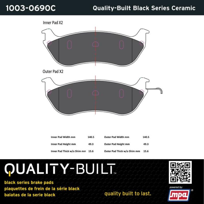 MPA 1003-0690C Quality-Built Black Series Ceramic Brake Pads w/ Hardware