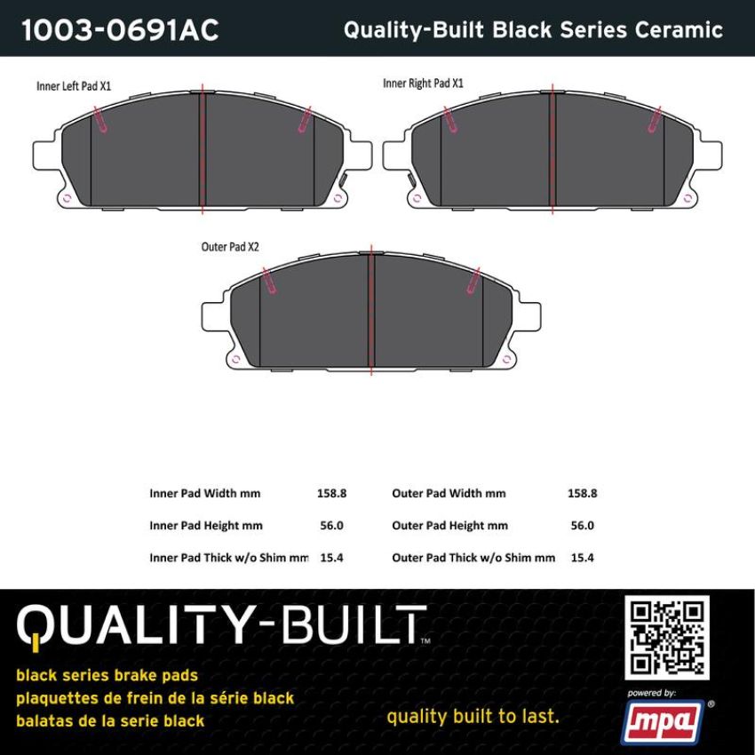 MPA 1003-0691AC Quality-Built Black Series Ceramic Brake Pads w/ Hardware