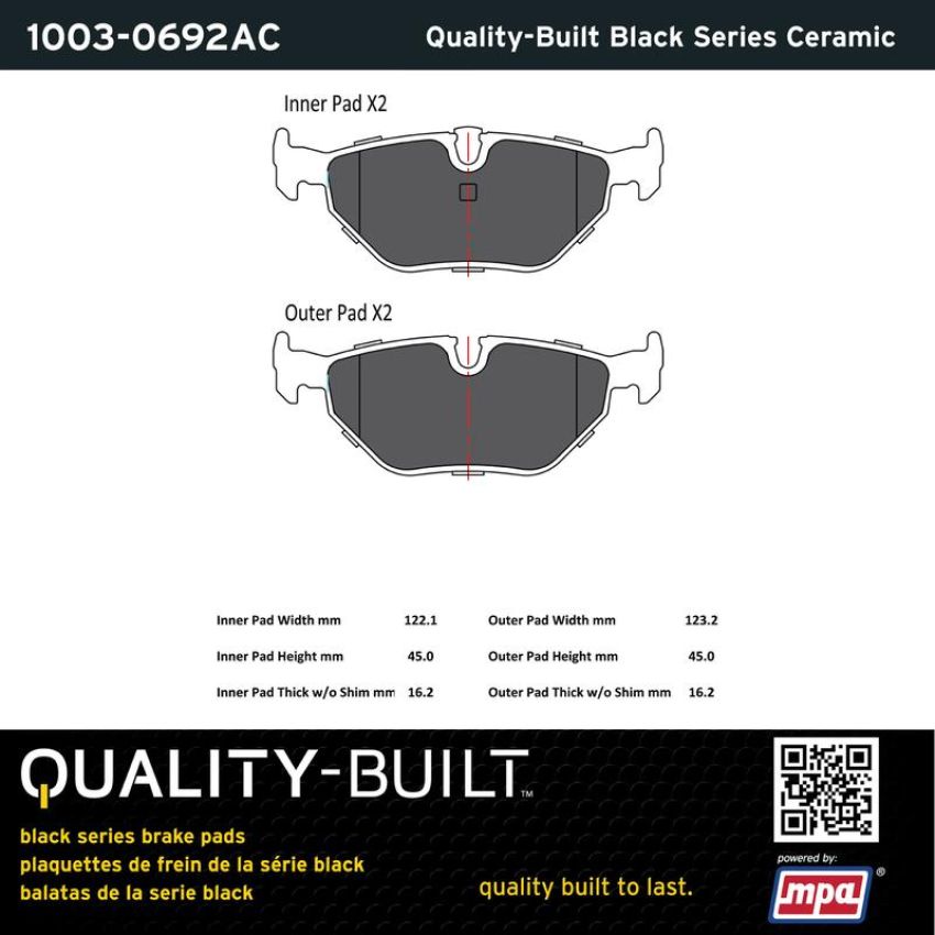 MPA 1003-0692AC Quality-Built Black Series Ceramic Brake Pads w/ Hardware