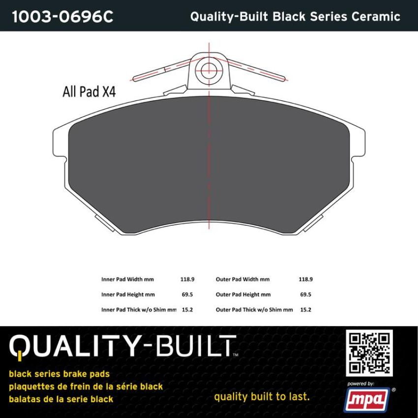 MPA 1003-0696C Quality-Built Black Series Ceramic Brake Pads w/ Hardware