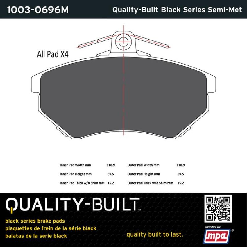 MPA 1003-0696M Quality-Built Black Series Semi-Metallic Brake Pads w/ Hardware