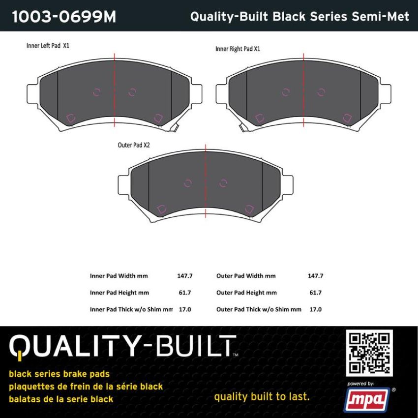 MPA 1003-0699M Quality-Built Black Series Semi-Metallic Brake Pads w/ Hardware