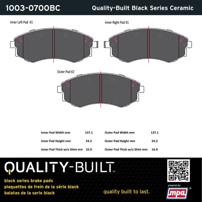 MPA 1003-0700BC Quality-Built Black Series Ceramic Brake Pads w/ Hardware