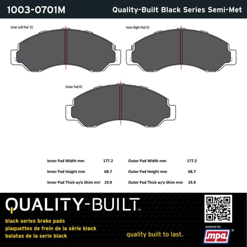 MPA 1003-0701M Quality-Built Black Series Semi-Metallic Brake Pads w/ Hardware