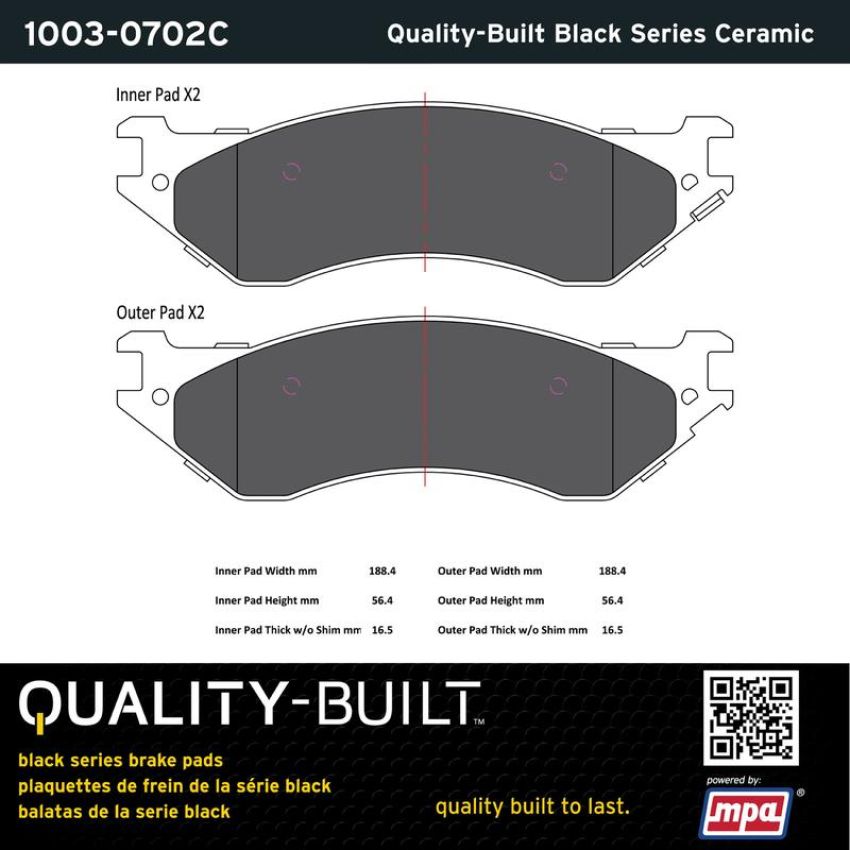 MPA 1003-0702C Quality-Built Black Series Ceramic Brake Pads w/ Hardware