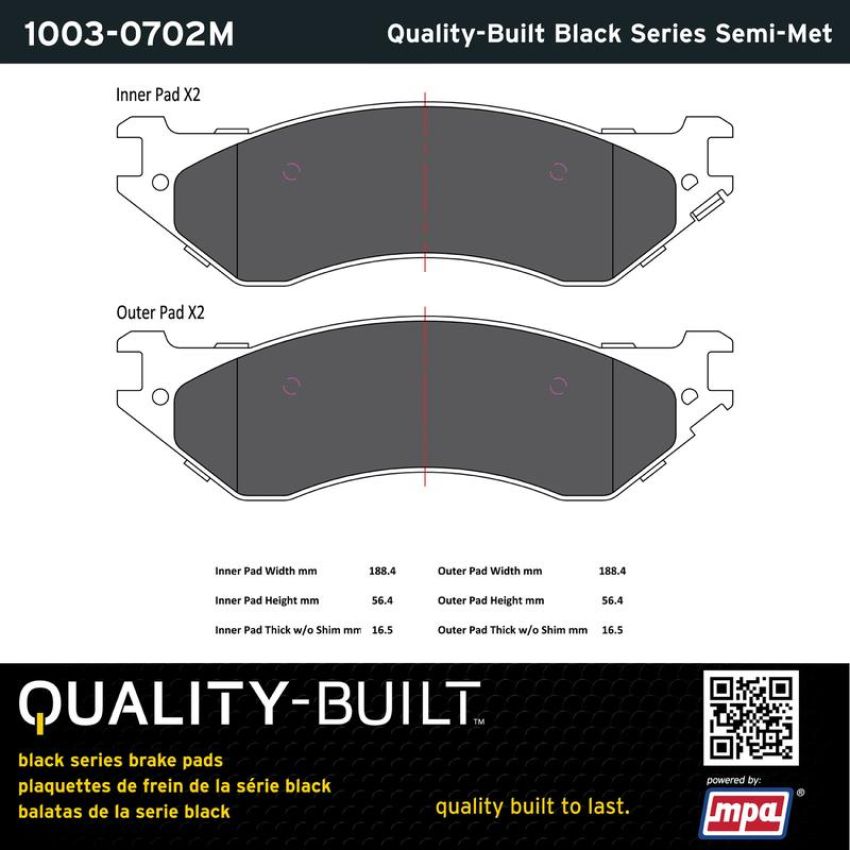 MPA 1003-0702M Quality-Built Black Series Semi-Metallic Brake Pads w/ Hardware