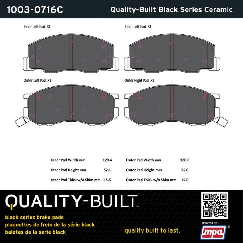 MPA 1003-0716C Quality-Built Black Series Ceramic Brake Pads w/ Hardware