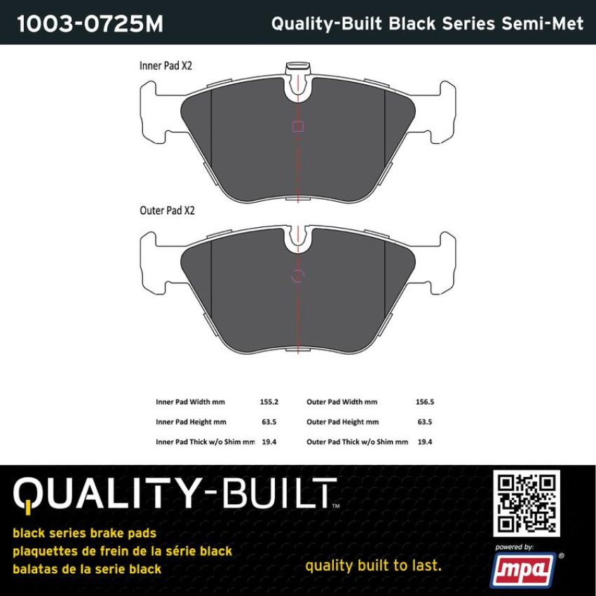 MPA 1003-0725M Quality-Built Black Series Semi-Metallic Brake Pads w/ Hardware