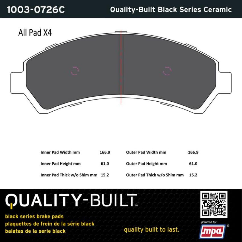 MPA 1003-0726C Quality-Built Black Series Ceramic Brake Pads w/ Hardware